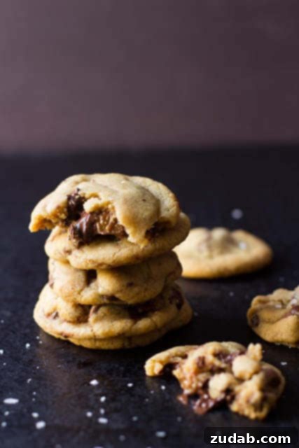 Best dang cookies I've ever had. I could not stop eating these! Browned Butter chocolate chip cookies stuffed with dulce de leche, nutella and topped w-sea salt ohsweetbasil.com_-3