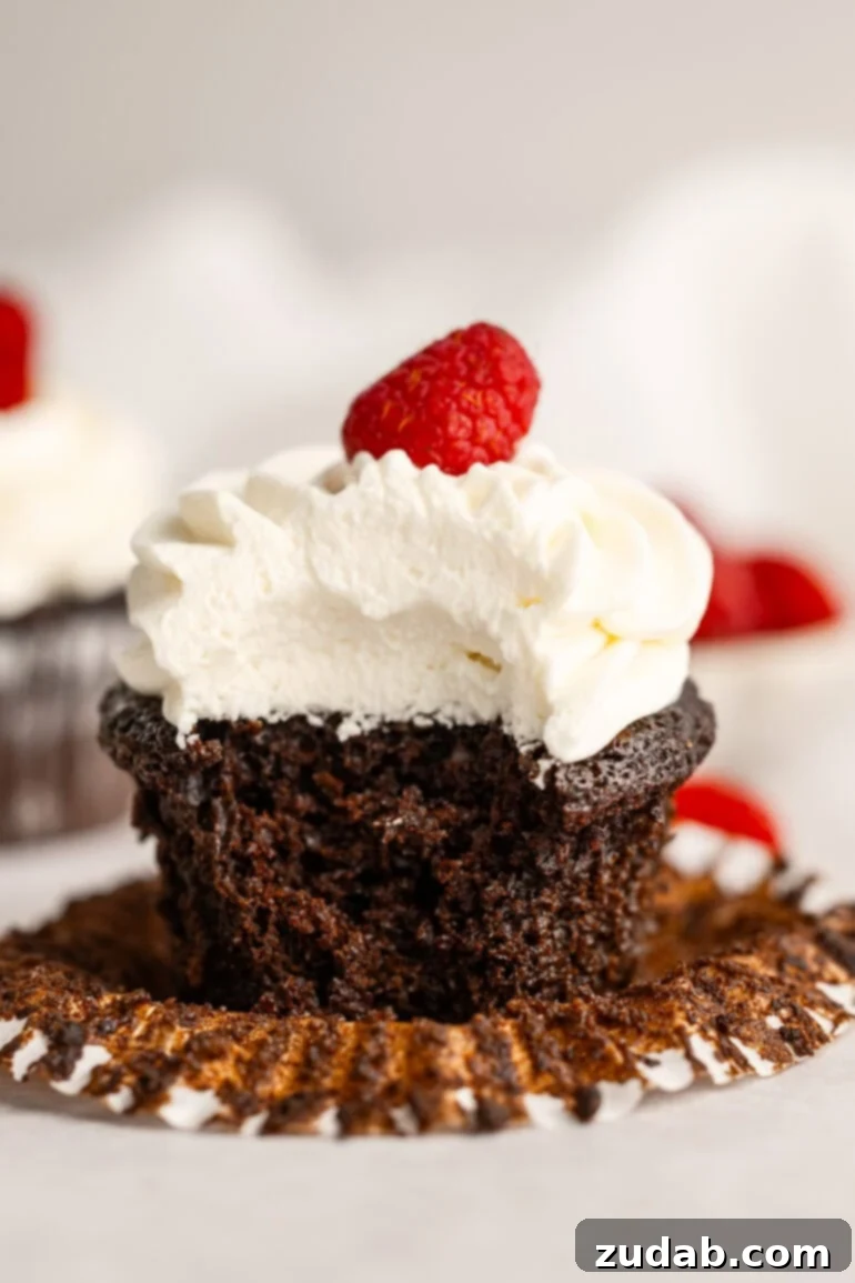 Light and Fluffy Cream Cheese Frosting 13 A rich chocolate cupcake topped with thick, creamy cream cheese frosting, with a bite taken out, and a single fresh raspberry on top.