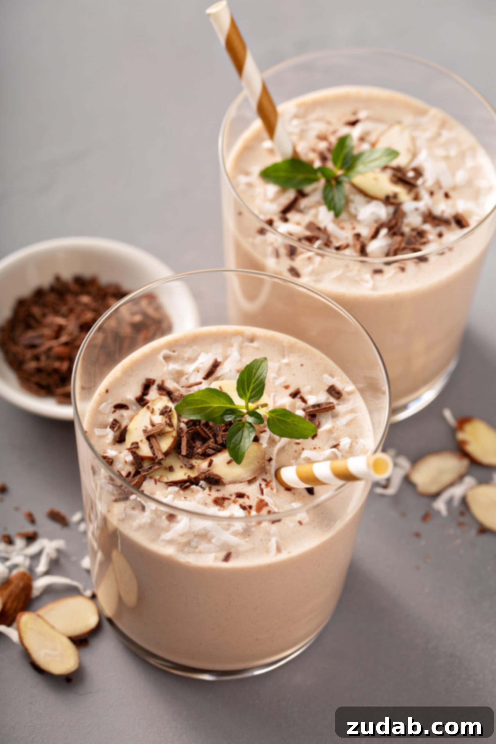 Two glasses of Almond Joy Protein shake with sliced almonds, coconut, shaved chocolate and mint leaves on top.
