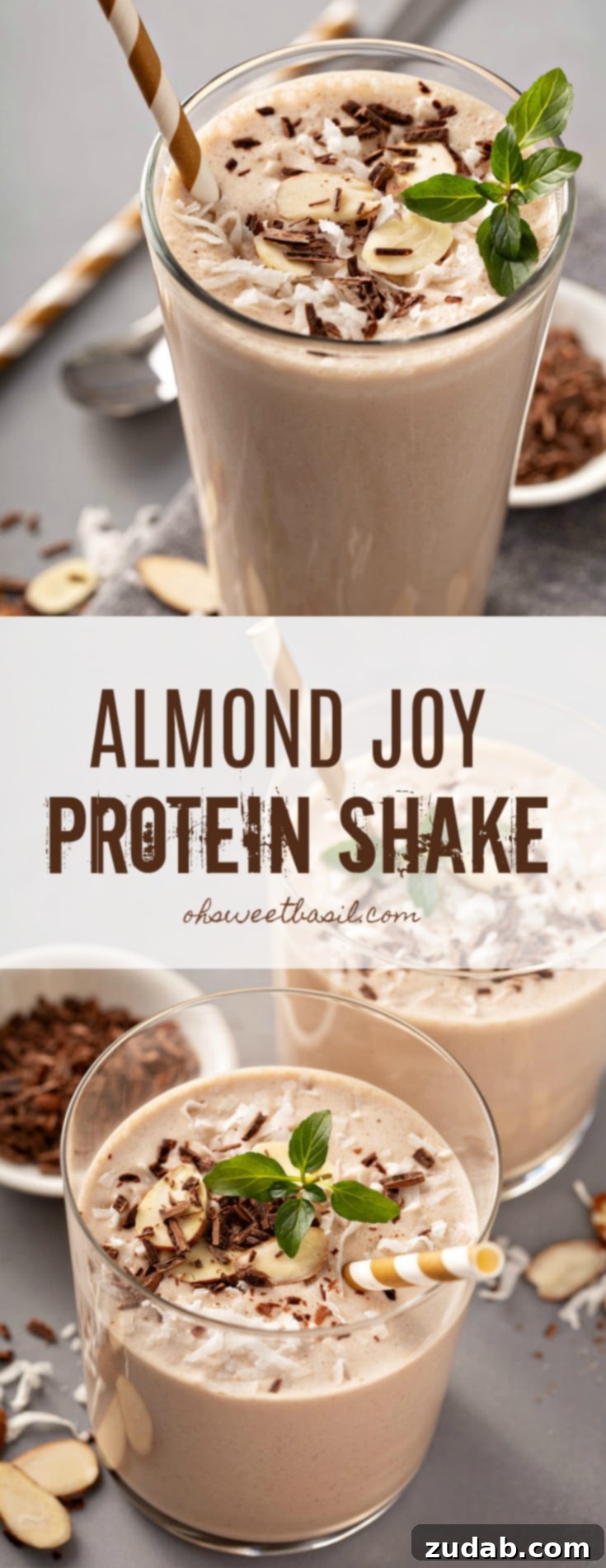 Coconut Almond Bliss Protein Shake 11 Two glasses of Almond Joy Protein shake with sliced almonds, coconut, shaved chocolate and mint leaves on top.