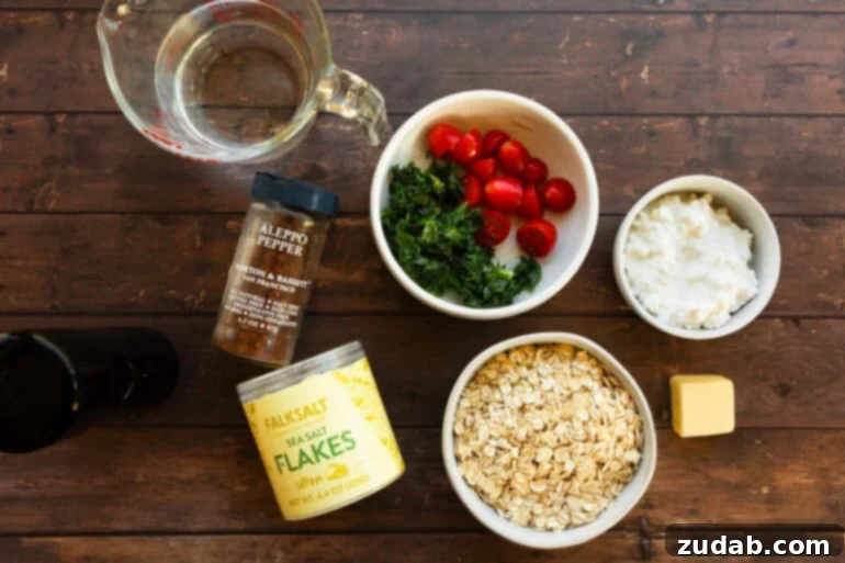 7 Minute High Protein Savory Cottage Cheese Oats 4 a photo of all the ingredients for savory high protein oatmeal with cottage cheese in separate small bowls