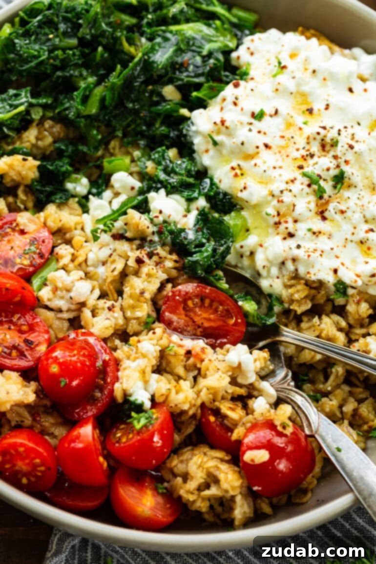 7 Minute High Protein Savory Cottage Cheese Oats 6 a photo of a savory oats breakfast bowl with crispy oats, tomatoes, cottage cheese, kale and seasonings