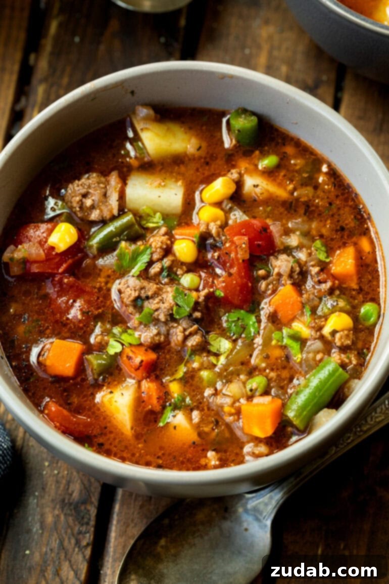 Quick and Easy Ground Beef Vegetable Soup 7 A perfectly portioned bowl of savory ground beef and vegetable soup, showcasing the vibrant colors and rich texture of the ingredients.