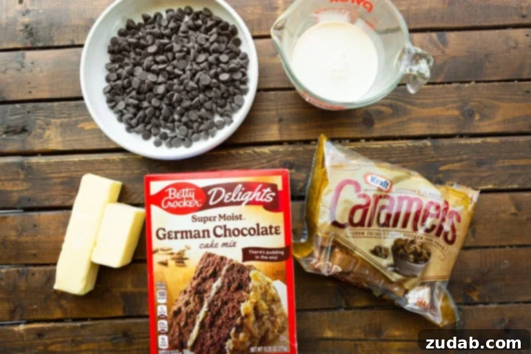 Moms Fudgy Caramel Brownies 3 Ingredients for an easy dessert. Cake mix, buttery sweet candies, butter, chocolate chips, and cream!