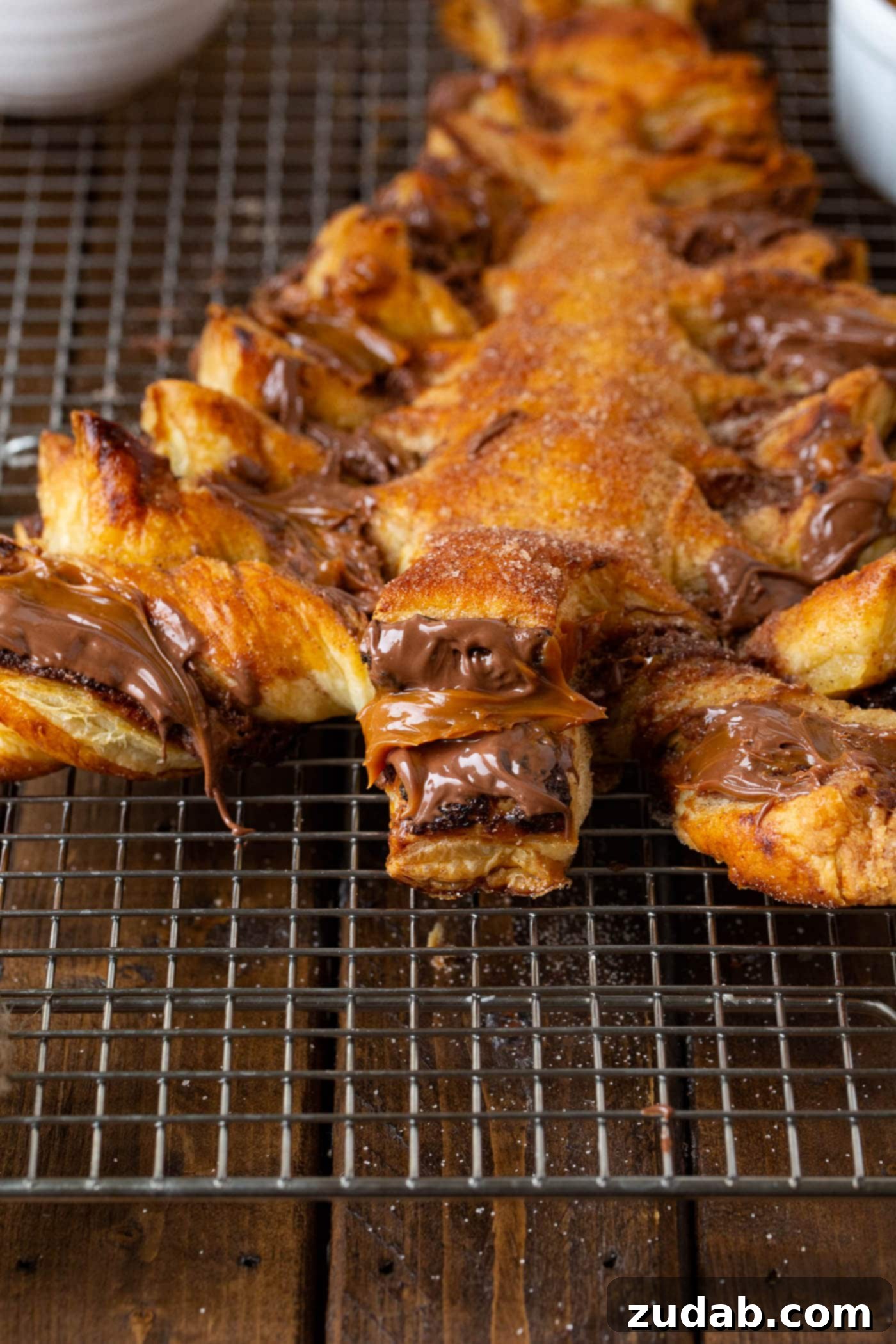 Nutella Dulce de Leche Christmas Tree A beautifully baked, golden Nutella and Dulce de Leche Puff Pastry Christmas Tree, glistening with cinnamon sugar, cools on a rack.