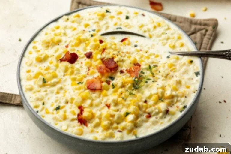 Sweet and Creamy Homemade Corn Side A bowl of smooth, creamy corn topped with crumbled bacon and bright green herbs, ready to be served.
