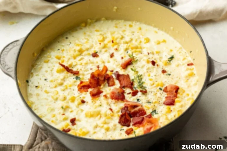 Delicious Homemade Creamed Corn Ready to Serve A pan of creamy, golden creamed corn, perfectly cooked and topped with crispy bacon and fresh herbs.