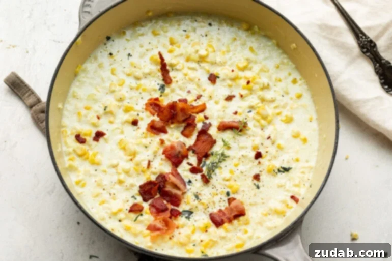 Gourmet Homemade Creamed Corn with Bacon Overhead view of warm, creamy corn topped with golden crispy bacon and fresh herb sprinkles, ready to eat.
