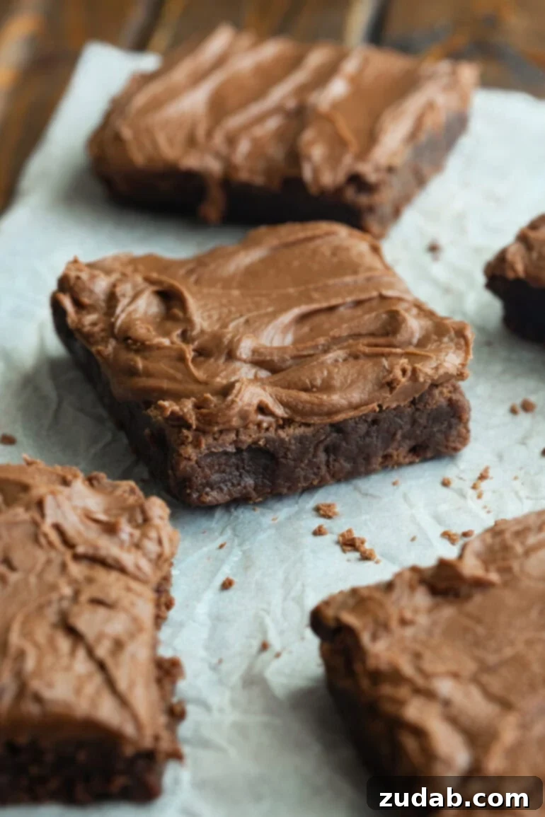 Classic Cafeteria Frosted Brownies 2 A glorious batch of homemade fudgy Lunch Lady Brownies generously topped with smooth chocolate frosting, perfectly sliced into squares and arranged on parchment paper.