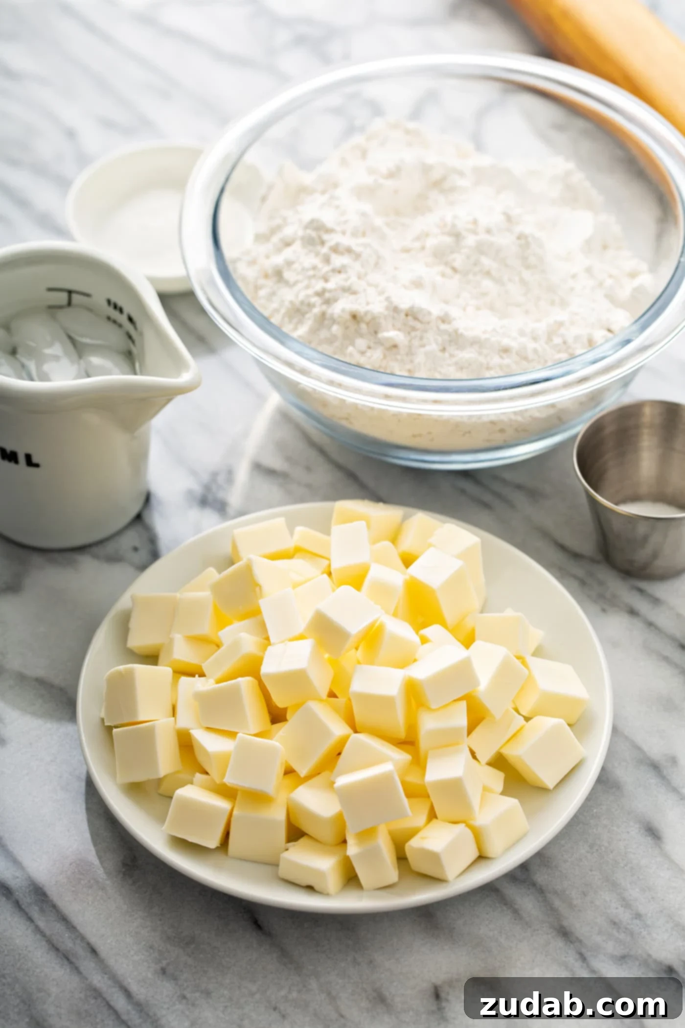 My Absolute FAVORITE Pie Crust Recipe A photo of the ingredients for a perfect pie crust sitting on a table - flour, salt, ice water and small cubes of butter.