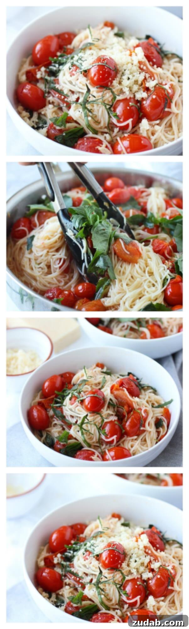 This 20 Minute Cherry Tomato and Basil Angel Hair Pasta comes together in a jiffy, and will satisfy the whole family, even the kids! bowls of fresh tomato basil pasta with parmesean