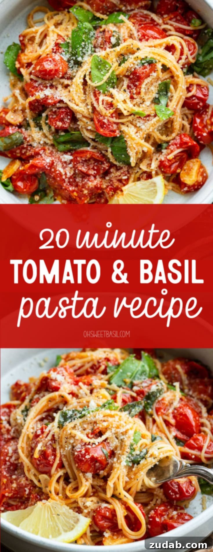 Quick and Easy 20-Minute Tomato Basil Angel Hair Pasta 13 a photo of an italian dish with fresh basil, sauteed cherry tomatoes and a slice of lemon on the side