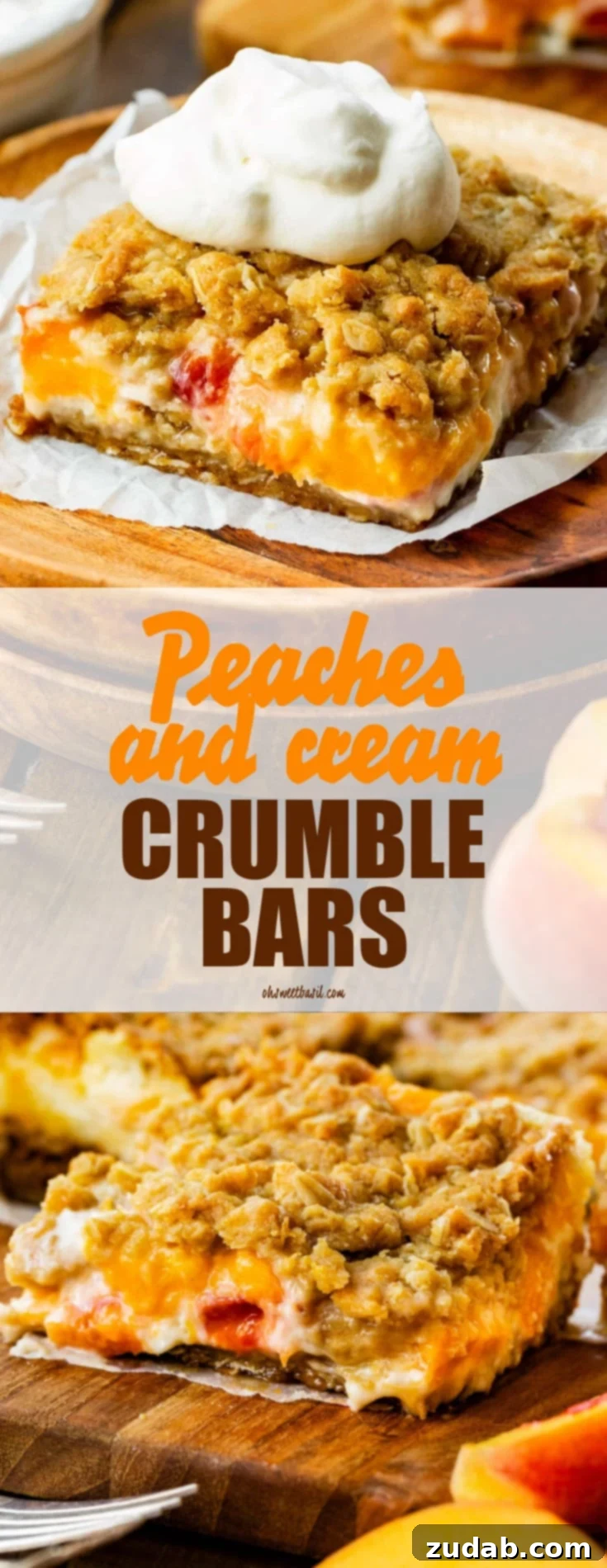A single square piece of peaches and cream crumble bar topped with a dollop of whipped cream, resting on a torn piece of parchment paper on a circular wooden serving plate.