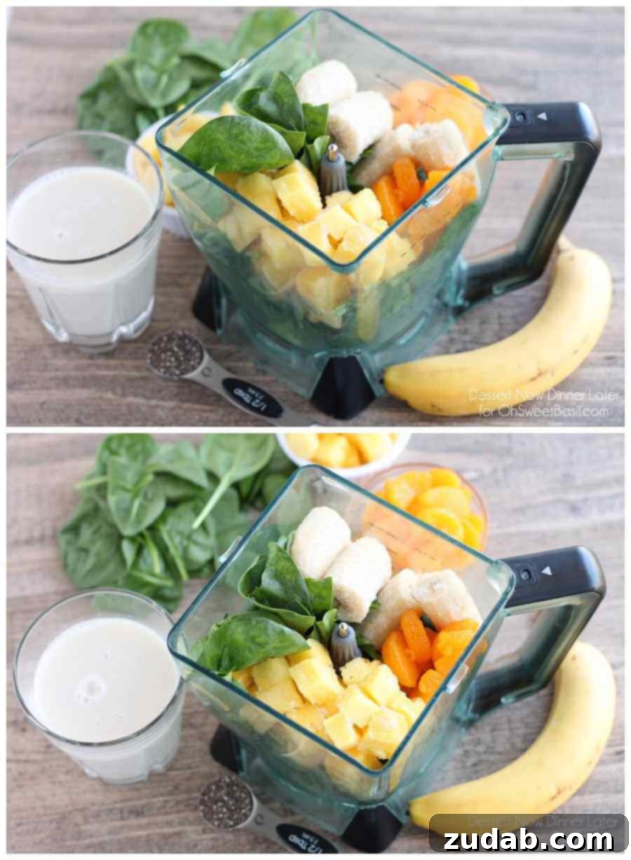 Vibrant Pineapple Orange Banana Green Smoothie for Daily Wellness Close-up of a vibrant Pineapple Orange Banana Green Smoothie with chia seeds, highlighting its fresh and fruity appeal.