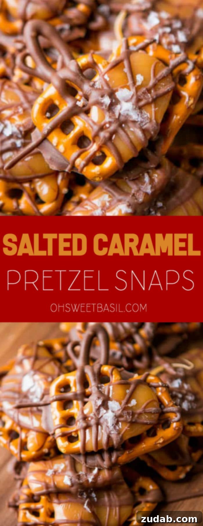 Sweet & Salty Caramel Pretzel Bites 2 A batch of Salted Caramel Pretzel Snaps with rich chocolate, crispy pretzels, chewy caramel, and a generous sprinkle of sea salt on top, piled high.