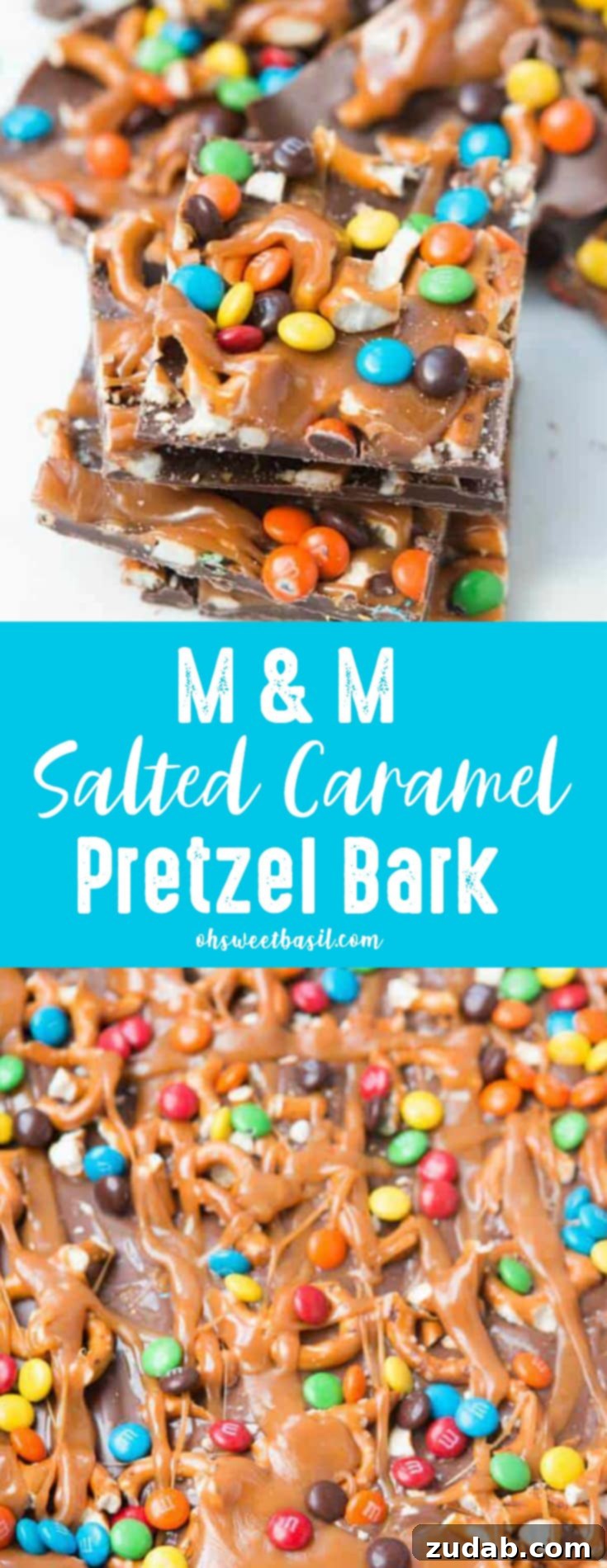 Delicious M&M Salted Carmel Pretzel Bark with M&M’s, chocolate, and caramel drizzled on top.