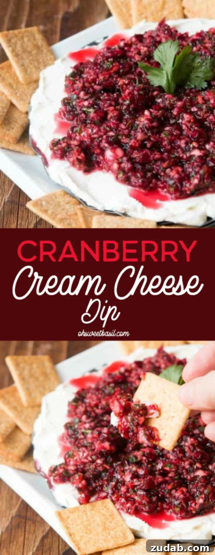 Sweet and Spicy Cranberry Jalapeño Cream Cheese Dip 2 Cranberry Cream Cheese Dip served on a platter with wheat thins, garnished with fresh herbs and cranberries for a festive look.
