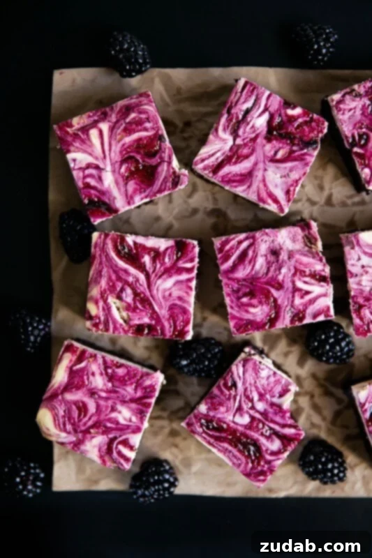 A Bite of Heaven: Fudgy Blackberry Cheesecake Brownies Blackberry cheesecake brownies that will have everyone begging for seconds, inviting close-up of a square brownie with a perfect swirl.