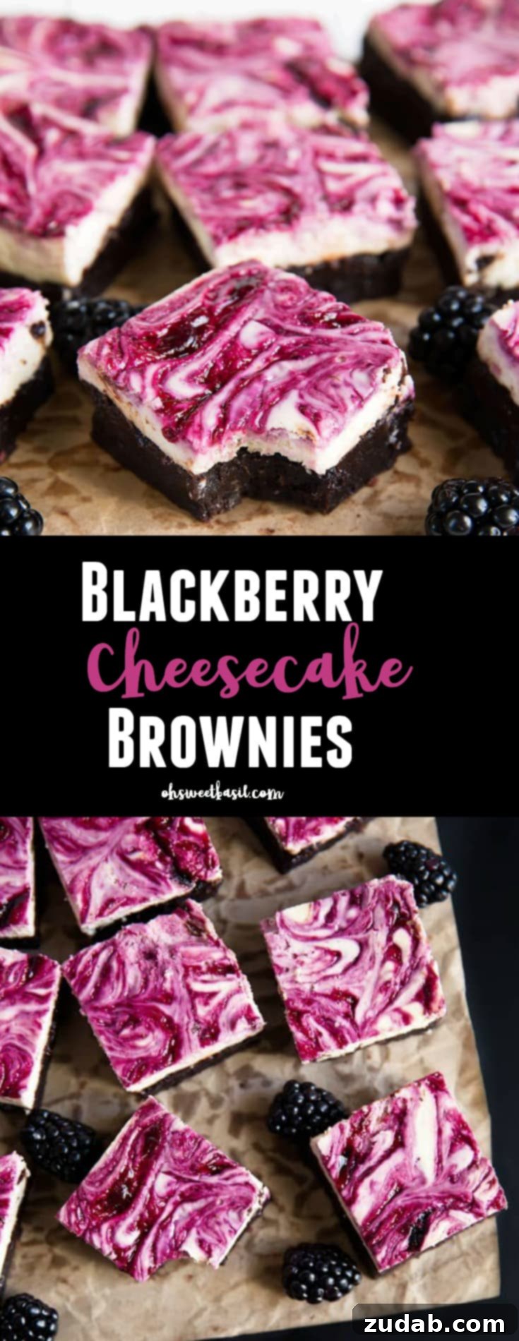 Decadent Blackberry Cheesecake Bars 3 A pan of Blackberry Cheesecake Brownies with a bite taken out, highlighting the delicious layers and perfect fudgy texture.