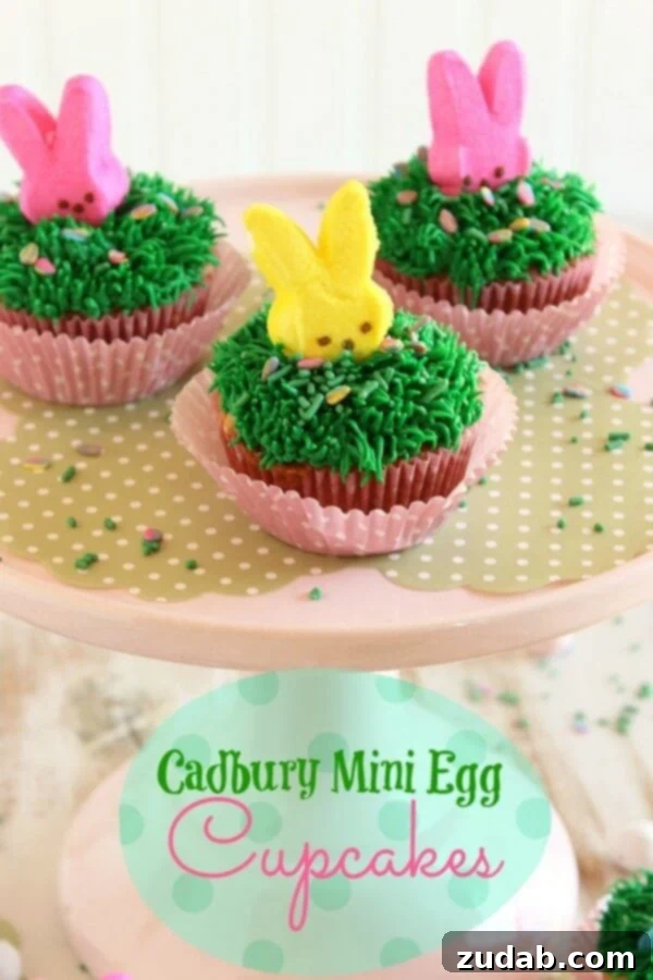Homemade Cadbury Mini Egg Cupcakes with Bunny Peeps for Easter Delightful Cadbury Mini Egg Cupcakes with charming bunny Peep decorations, perfect for Easter celebrations and spring gatherings.