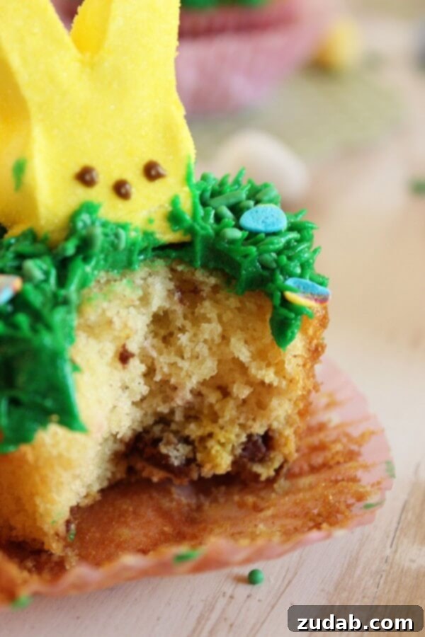 Easy Easter Cupcake Recipe with Cadbury Mini Eggs Individual Cadbury Mini Egg Cupcakes showcasing the crushed mini eggs within the cake and the whimsical bunny decoration.