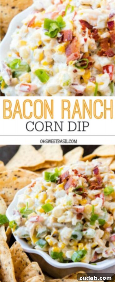 The Ultimate Cheesy Bacon Ranch Corn Dip 6 A vibrant close-up of the delicious Bacon Ranch Corn Dip, showcasing its rich texture with visible corn kernels, crispy bacon, and fresh green onions, enticing anyone to grab a chip.