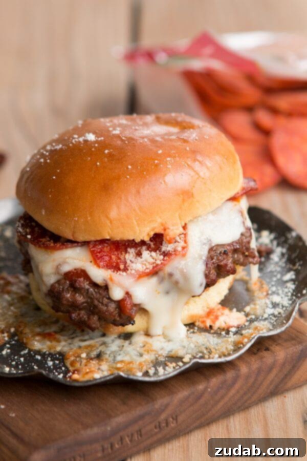 Perfectly Crisped Pepperoni on a Pizza Burger Close-up of a Pepperoni Pizza Burger with crispy pepperoni