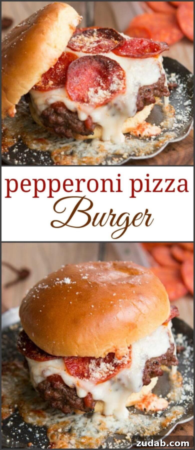 Serve your delicious Pepperoni Pizza Burger A fully assembled Pepperoni Pizza Burger with sides