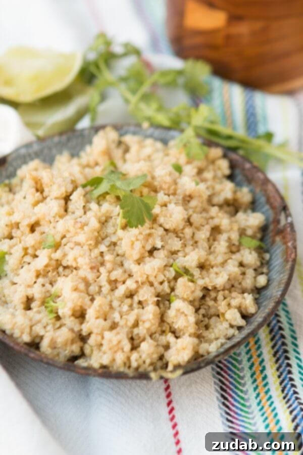 Close-up of fluffy Cilantro Lime Quinoa, a healthier Mexican side dish