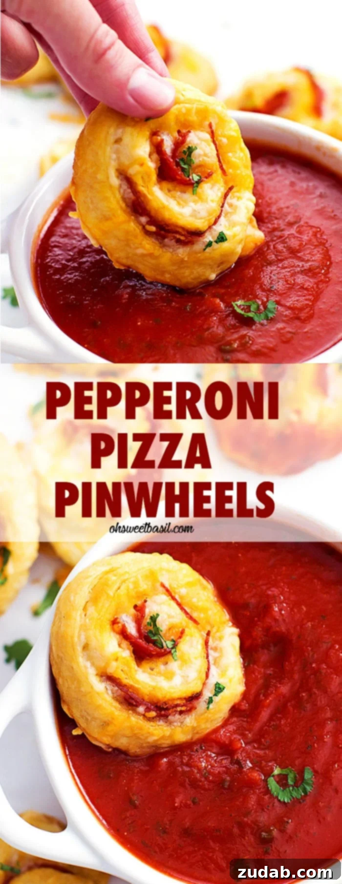 Cheesy Pepperoni Pinwheels 3 A pepperoni pizza pinwheel being dipped into marinara sauce