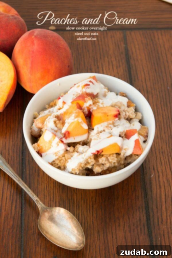 Creamy Peach Slow Cooker Overnight Oats 3 Easy slow cooker overnight steel cut oats, peaches and cream style... ohsweetbasil.com crockpot, insta pot, pressure cooker