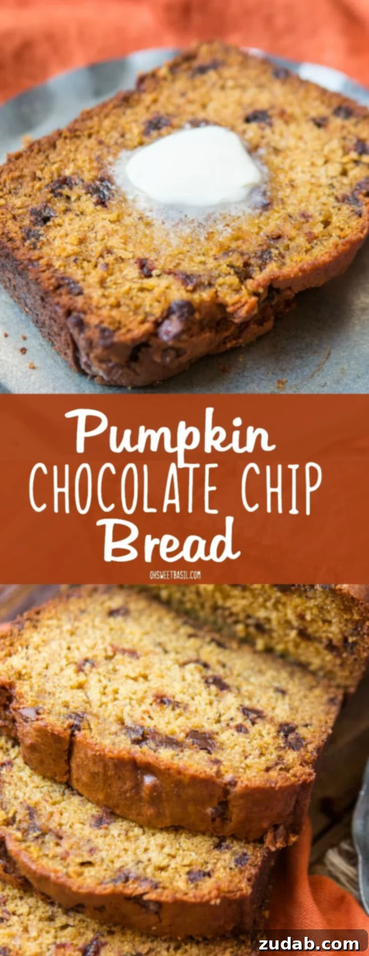 Spiced Pumpkin Chocolate Chip Bread 4 A glorious slice of homemade pumpkin chocolate chip bread, topped with melted butter, showcasing its delightful texture and chocolatey goodness.
