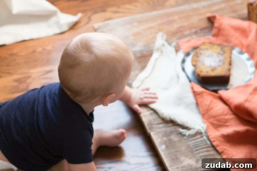 Little Hands Loving Pumpkin Bread A child enthusiastically grabbing and eating a slice of pumpkin chocolate chip bread with both hands.