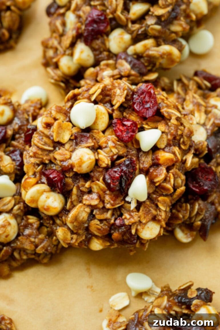 Spiced White Chocolate Cranberry Breakfast Cookies 2 A close-up photo of a beautifully baked spiced white chocolate craisin oatmeal cookie, showing its chewy texture and generous inclusions of white chocolate chips and dried cranberries.