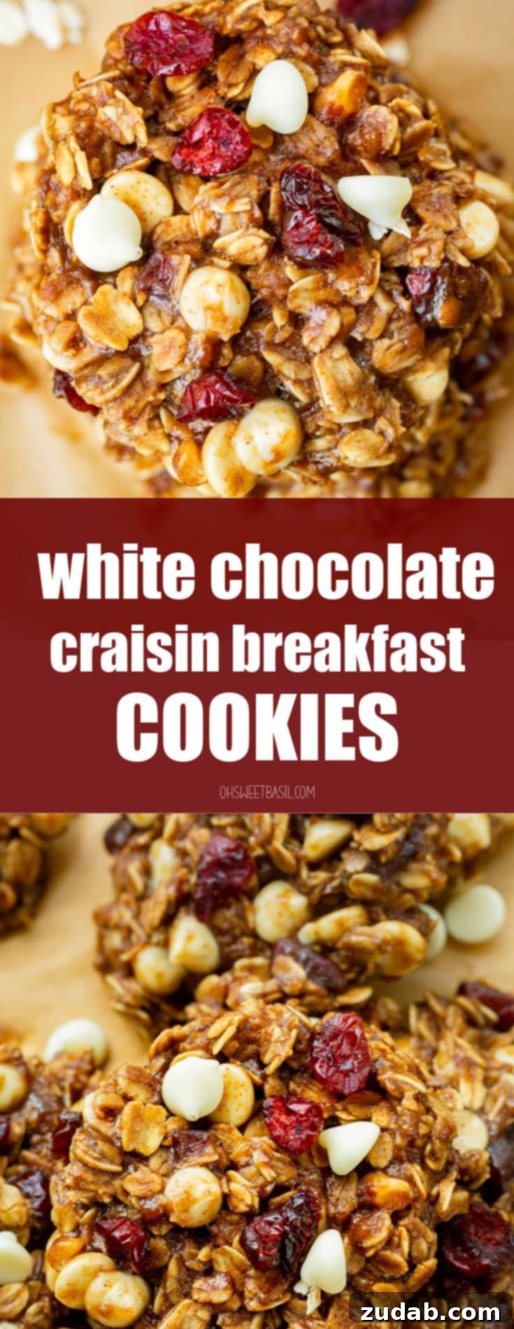 Spiced White Chocolate Cranberry Breakfast Cookies 14 A wide shot of baked oatmeal breakfast cookies, generously dotted with craisins and white chocolate chips, beautifully arranged on a rustic wooden surface.