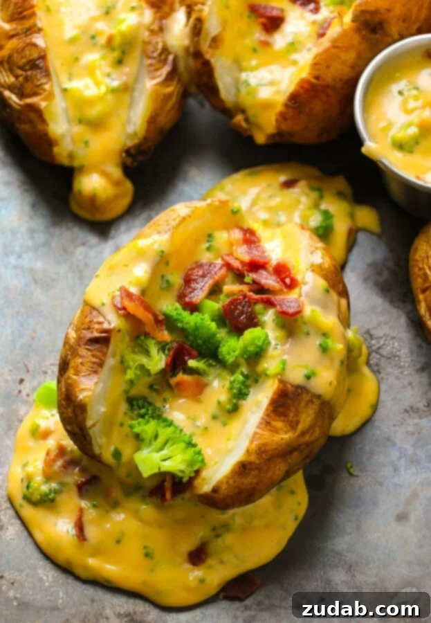 Loaded Baked Potato with Homemade Cheese Sauce a photo taken over the top of a baked potato that has been sliced in half and loaded with steamed broccoli, crumbed bacon and homemade cheese sauce.