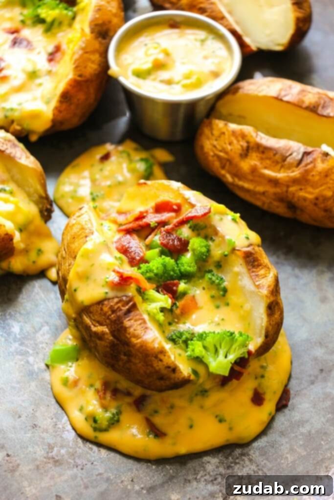 Loaded Baked Potato with Homemade Cheese Sauce a photo of a baked potato sliced open and topped with creamy cheese sauce, broccoli and bacon crumbles.
