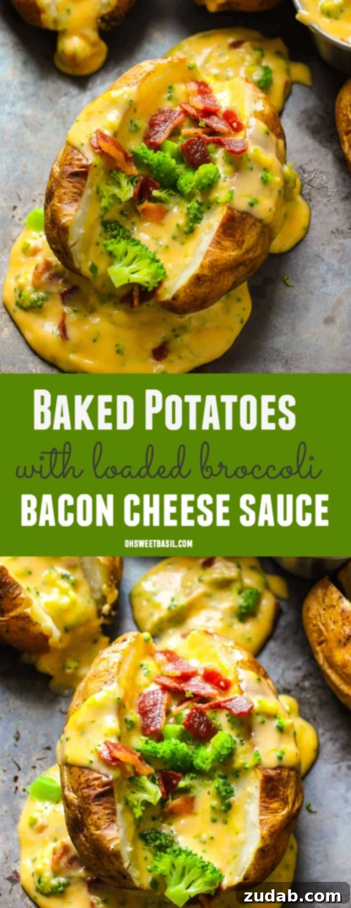 Ultimate Homemade Cheesy Loaded Baked Potatoes 2 A loaded baked potato with bacon, broccoli and a creamy cheddar cheese sauce