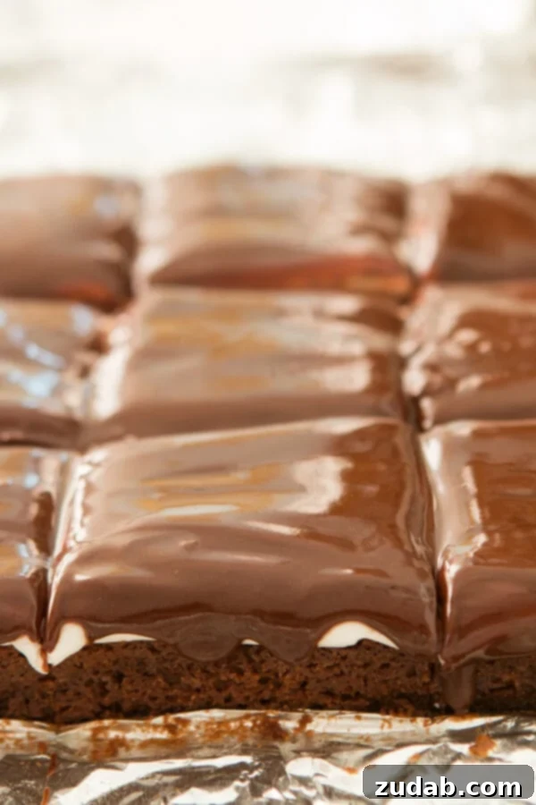 Homemade Peppermint Patty Brownies Rich, fudgy chocolate brownies topped with a creamy white peppermint patty layer and a glistening chocolate glaze, ready to be sliced and enjoyed.