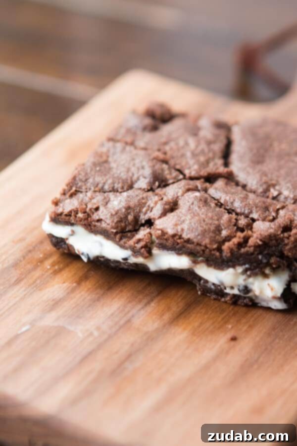 Peppermint Patty Stuffed Brownies 5 Close-up of Cookies and Cream Brownies, featuring crushed chocolate sandwich cookies mixed into a rich brownie batter, with a creamy white frosting and more cookie crumbles on top for an irresistible texture.