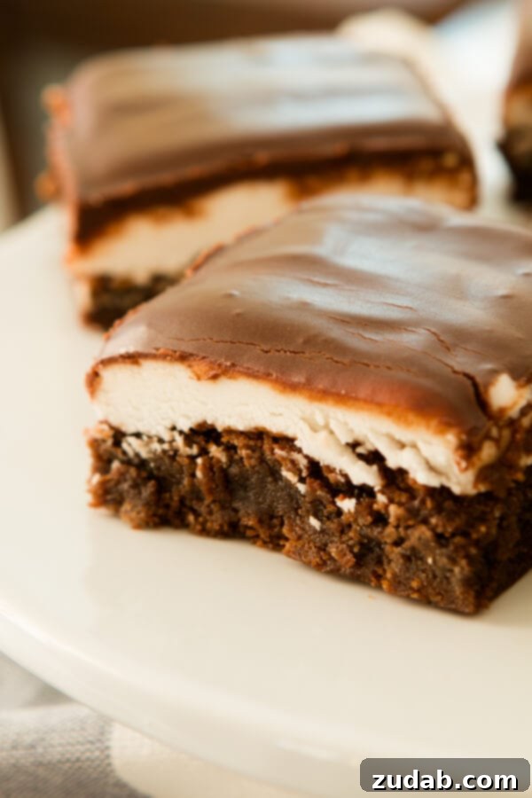 Homemade Peppermint Patty Brownies Layers Another close-up of the Peppermint Patty Brownies, highlighting the smooth chocolate top and the cool peppermint layer underneath, promising a refreshing and rich flavor combination. The texture appears incredibly moist and dense.
