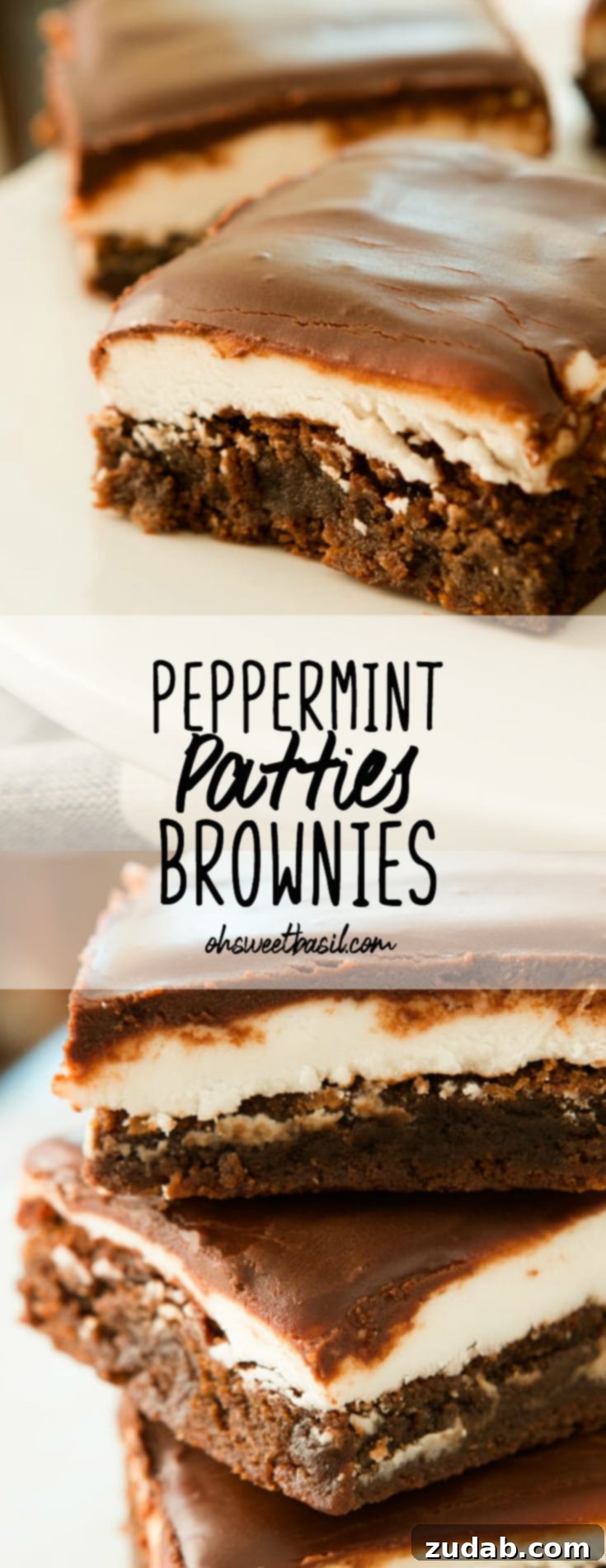 Peppermint Patty Stuffed Brownies 3 A stack of rich, fudgy Peppermint Patty Brownies with a glossy chocolate glaze, ready to be enjoyed. The layers are perfectly visible, promising a delightful texture and flavor.