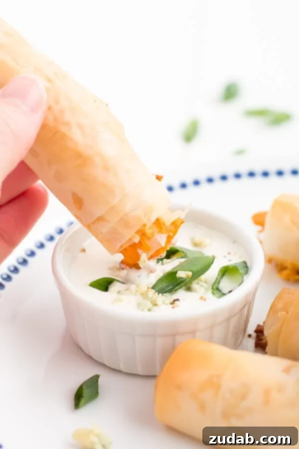 Crispy, flaky, creamy, spicy Buffalo Chicken Phyllo Rolls