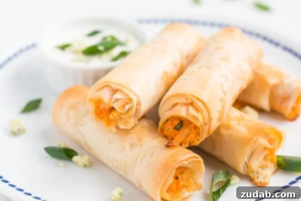 Delicious Buffalo Chicken Phyllo Rolls on a platter