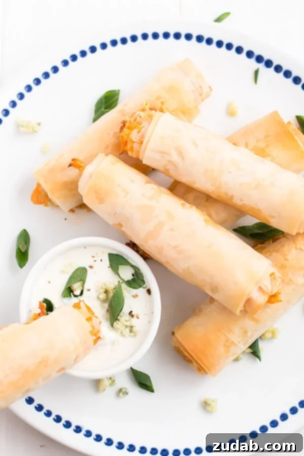 Close-up of golden brown Buffalo Chicken Phyllo Rolls