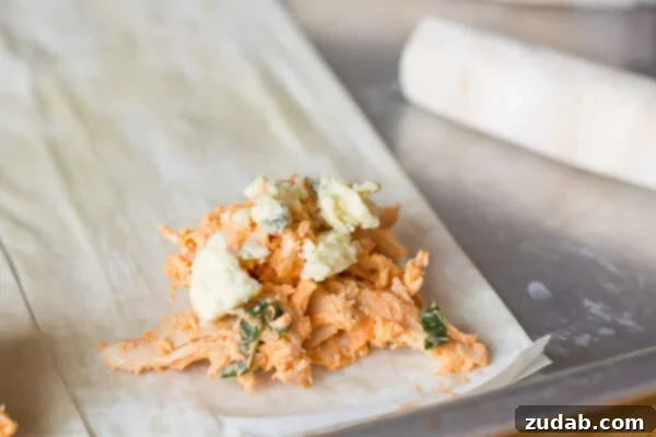 Buffalo Chicken Phyllo Rolls served with bleu cheese dressing