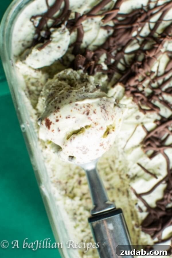 Drizzling Chocolate into Churning Ice Cream Process of drizzling melted chocolate into churning mint ice cream