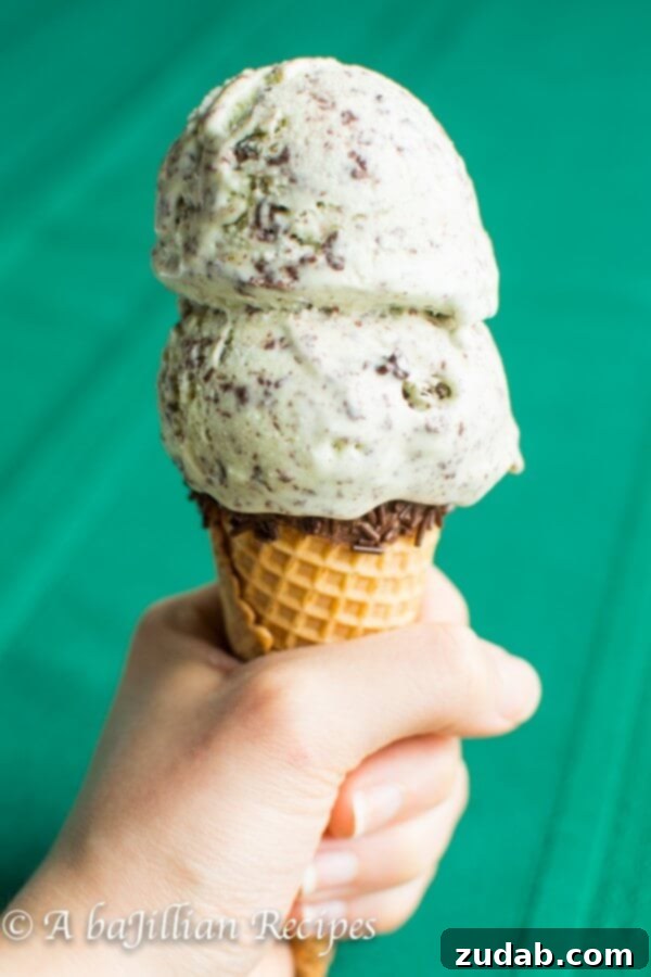 Refreshing Mint Chocolate Stracciatella Scoops Scoops of mint chocolate stracciatella ice cream in a glass bowl