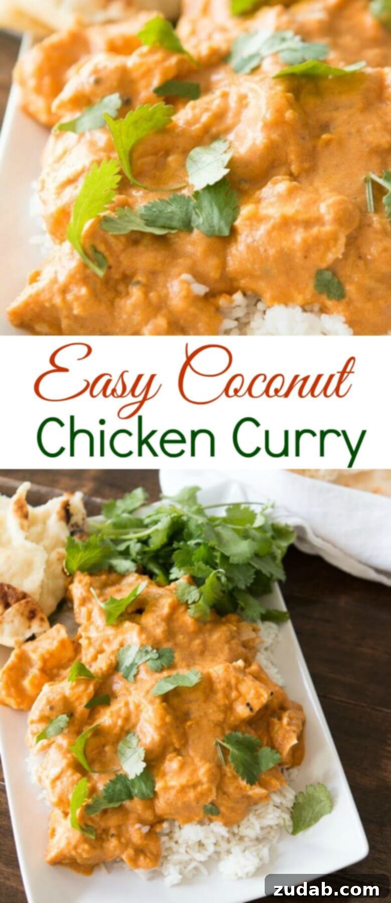 Flavorful Homemade Coconut Curry Chicken Close-up of a generous serving of homemade coconut curry chicken, showcasing the rich sauce and tender chicken pieces, ready for a delicious meal.