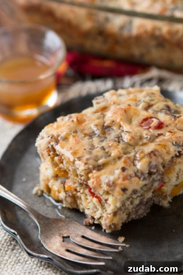 Golden Southern Sausage Breakfast Cake Freshly baked Southern Sausage Breakfast Cake, golden brown and ready to be served.